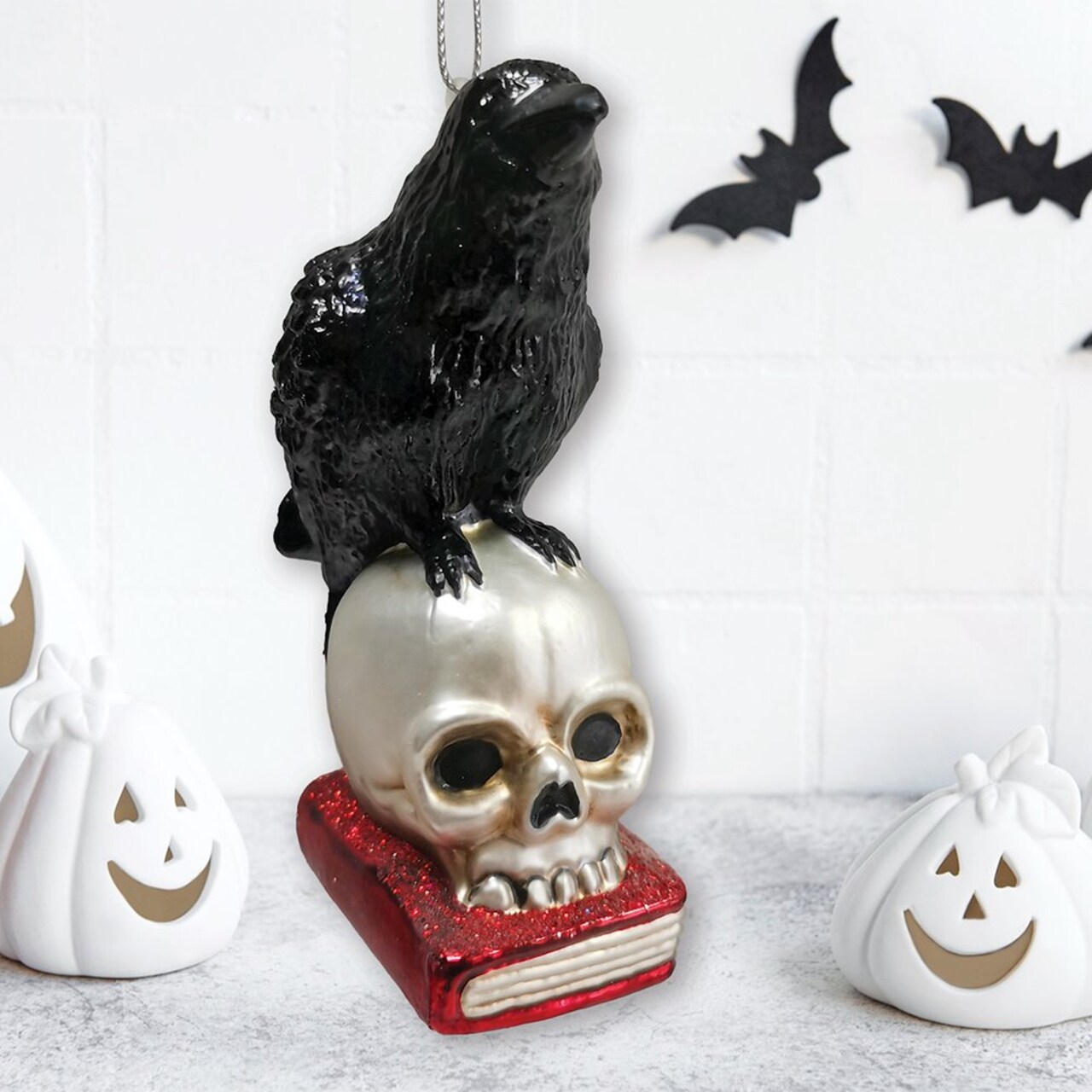 Raven on Skull and Book Glass Ornament, Horror Edgar Allan Poe Decoration